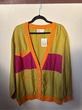 80s sun silk Colorblock Lightweight Cardigan - Lime, Magenta & Orange
